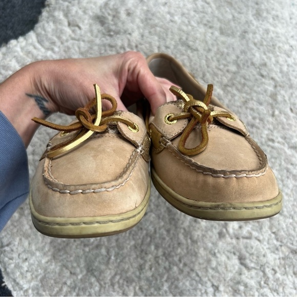 Sperry: Tan Suede, Textle Giraffe Print Metallic Gold Leather Boat Shoes Size 9M - Picture 6 of 9